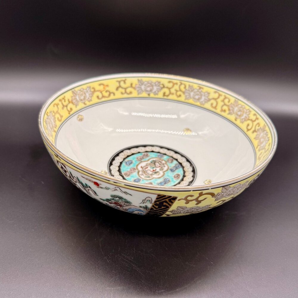 Vintage Yellow  Gold Imari Hand Painted Porcelain 9" Dragon Display Bowl Japan